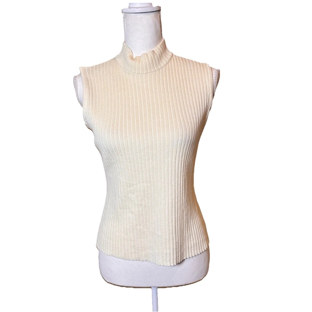 St John Collection Ribbed Knit Mock Neck Sleeveless Top Ivory‎ Cream Size Small
